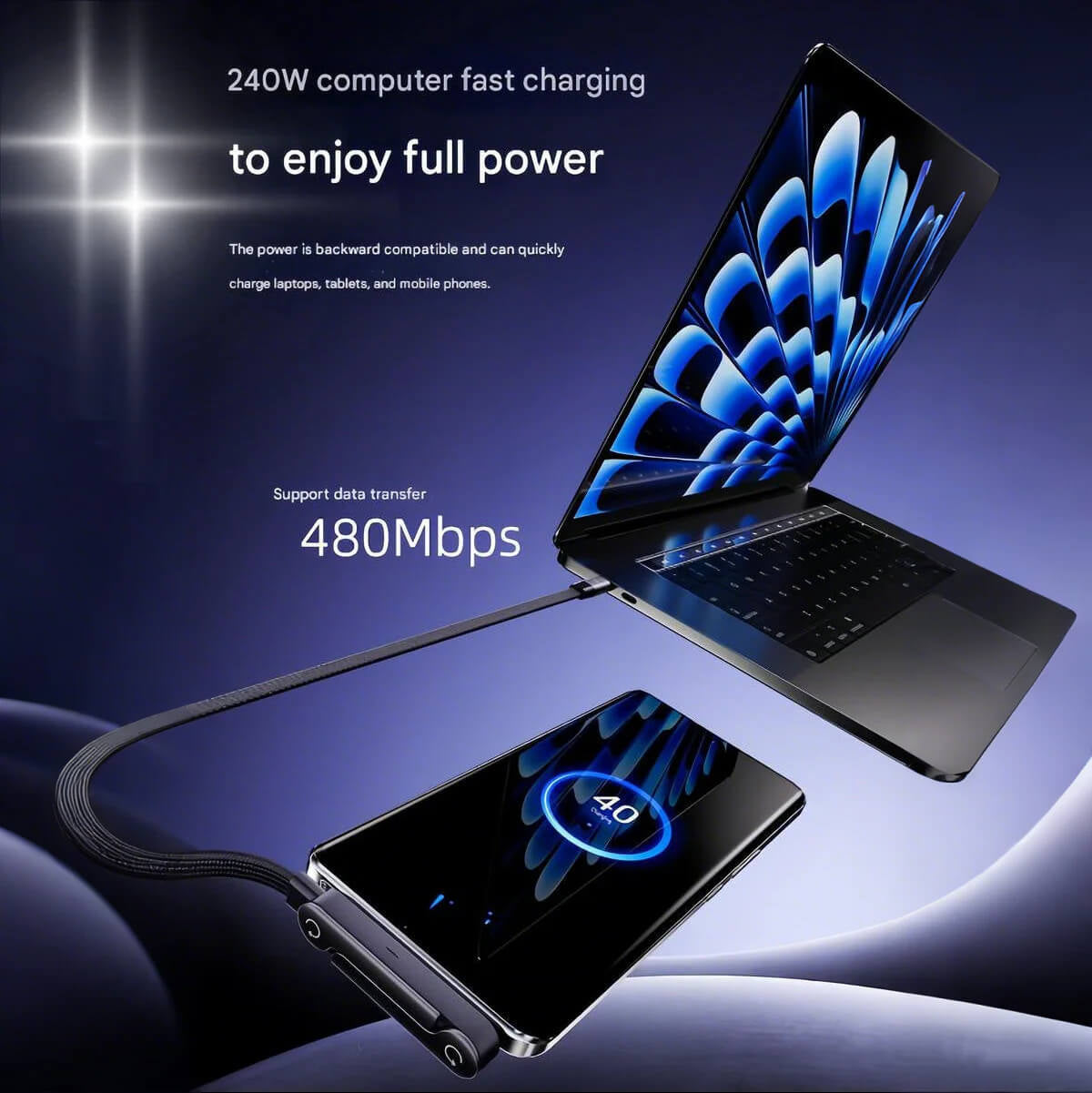 240W Ultra-Fast Charging Folding Phone Holder - 2-in-1 Right-Angle Cable & Stand